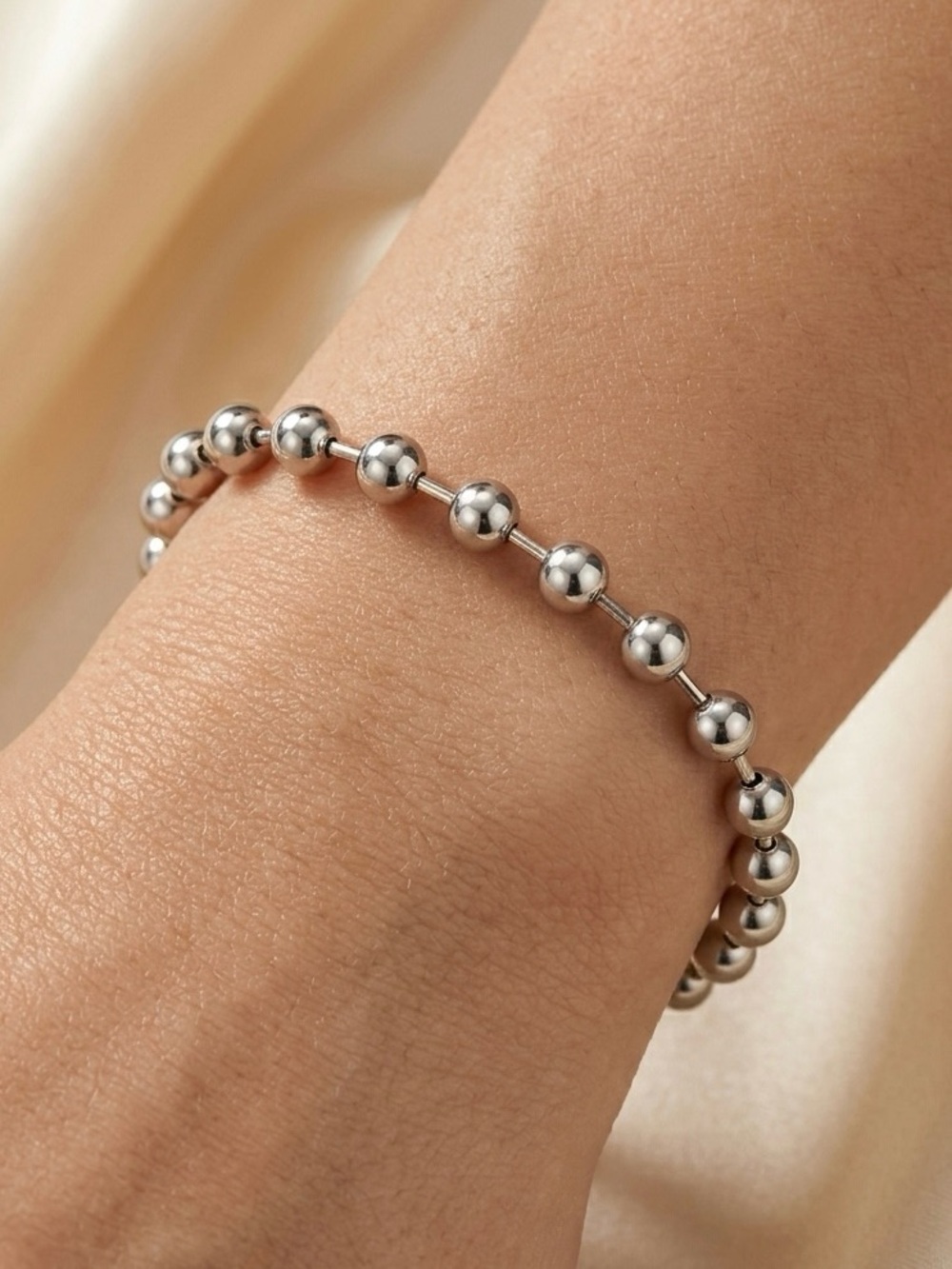 Bead Ball Bracelet | Platinum Plated Silver Adjustable Jewelry (5mm beads)
